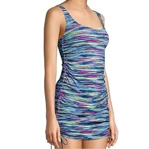 LANDS' END Size‎ 18 Colorful Striped Swim Dress Ruched Sides Slimming One Piece